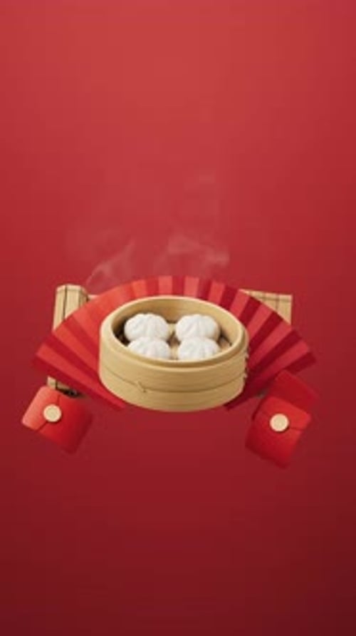 Steaming Dumplings and Red Packets for Chinese New Year Celebration