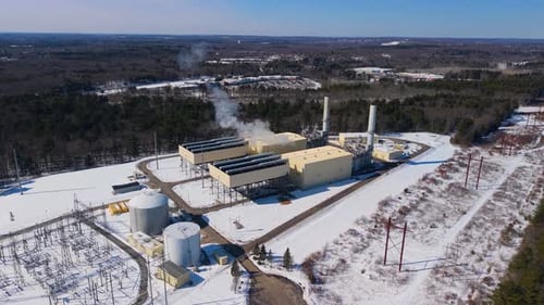 Aerial view of industrial site in winter, United States.