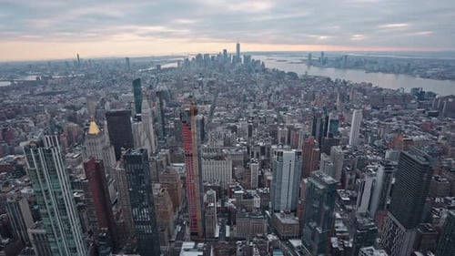 High angle panoramic cityscape view over New York skyline at sunset