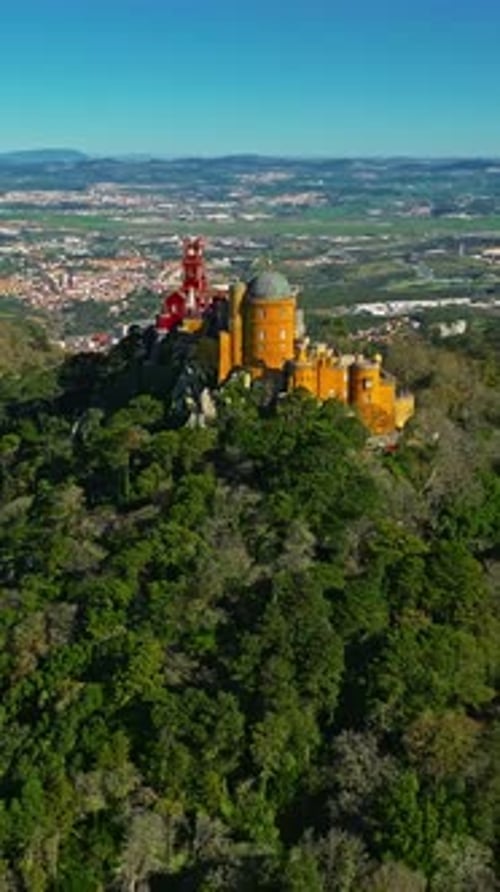 Aerial View of Famous Historic National Palace of Pena in Sintra Lisbon Portugal