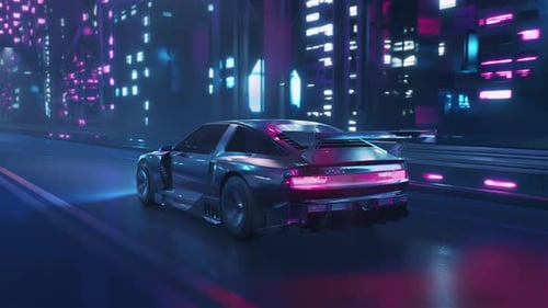 Loop Car Driving on the City Streets at Night with Neon Lights and in a Cyberpunk Style