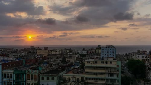 Aerial Time Lapse of the residential neighborhood in the Old Havana City, Capital of Cuba, during a