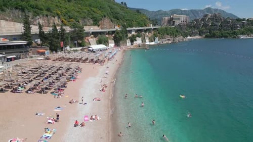 Beach on the Adriatic Sea. Sun. Clear blue water. Aerial view.