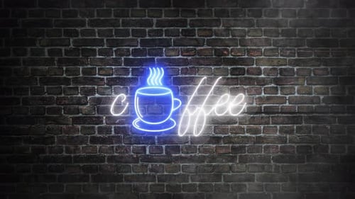 Flickering Neon Coffee Sign on a Dark Brick Wall