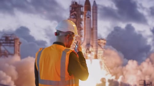 Dynamic Space Rocket Launch into Cloudy Sky