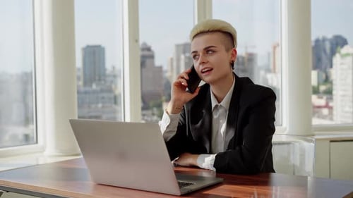 Portrait of Beautiful Authentic Specialist in Modern Office with Short White Hair She Speak on Phone