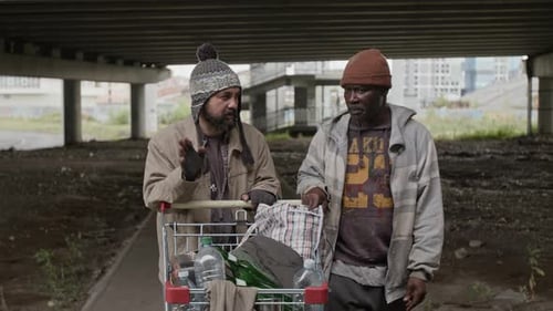 Two men standing with shopping cart under a bridge