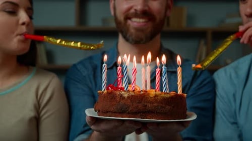 Cropped View Unrecognizable Caucasian Adult Happy Bearded Man Celebrate Birthday at Home Diverse