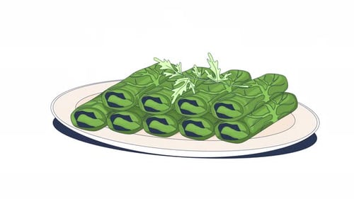 Feuilles de vigne farcies servant sur une assiette, animation d'objets de dessin animé 2D