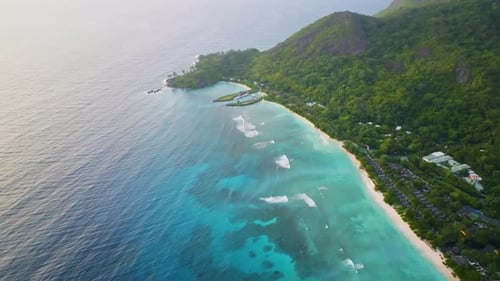 Aerial drone view of travel destination exotic beach resort in the Seychelles Islands.
View of the t