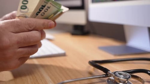 Close-up of hands counting a thick bundle of euro banknotes at an office desk.