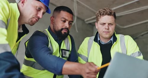 Team, laptop and discussion on engineering at construction site, design layout and email client