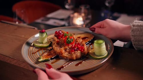 Delicious Restaurant Appetizer with Grilled Eggplant and Garnish