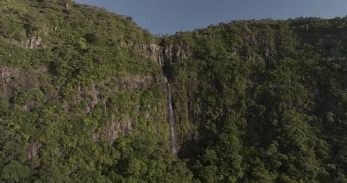 Aerial view of cascading waterfall, Mauritius.