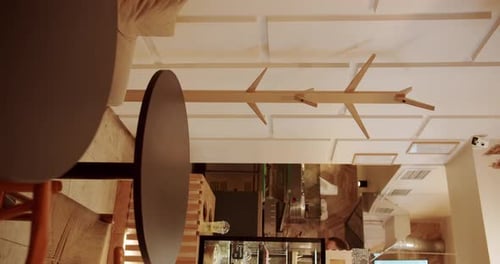 Eco Friendly Cafe. Empty dining fabric and wooden chair.