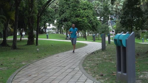 Bearded Man Jogging on Paved Path in Green Park