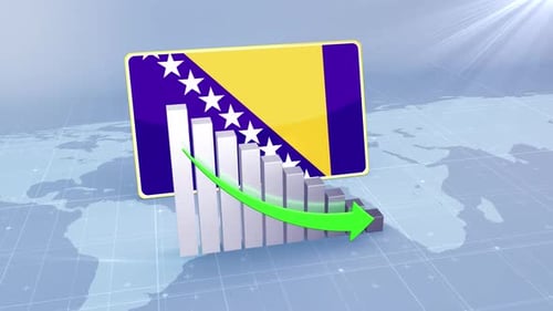 Bosnia And Herzegovina Flag With Decrease Bar Chart Graph And Arrow Green