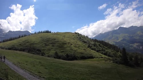 Descent by train of the Swiss Alps, window gopro view of the fir tree forest, blue sky and mountains