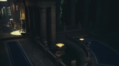 Silent Corridor Decorated with Illuminated Bowls and Intricate Stone Columns