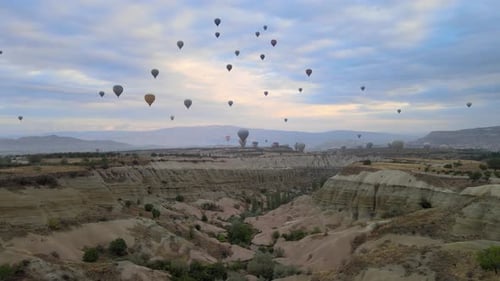 Hot Air Balloons Float Over Desert Canyon