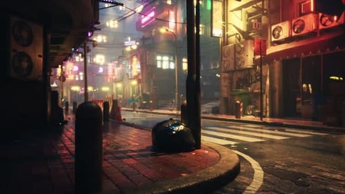 Vibrant Nighttime Street View of an Urban Area Filled with Neon Lights