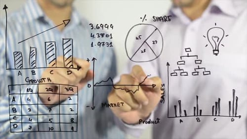 Business People Drawing Charts and Graphs on Glass