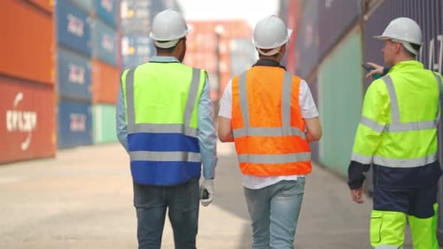 Dreiergruppe von Frachtcontainerarbeitern als Vorarbeiter oder Techniker mit multiethnischem Diskutieren gemeinsam