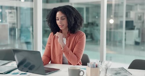 Thinking, laptop and businesswoman in office with research for finance report with company budget