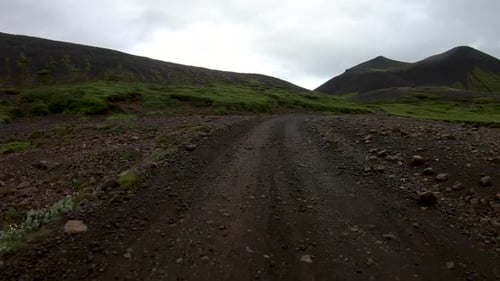 Driving Plate Front Of Car View Iceland Off Road F-Road Dirt Green Grass Mountain Landscape Driving