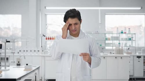 Stressed Scientist Studying Report in Bright Laboratory