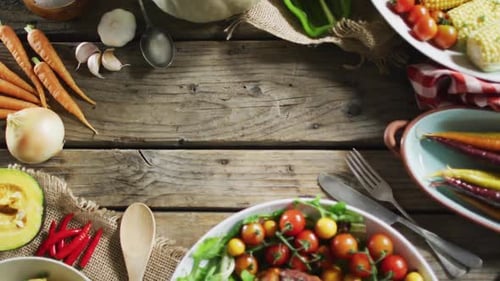 Close up view of multiple food ingredients and vegetables on wooden surface