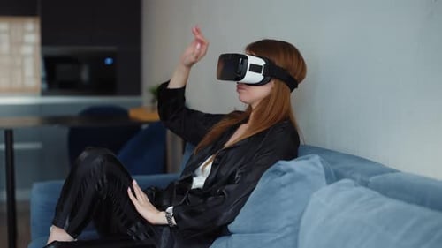 Woman Using VR Headset in Modern Home