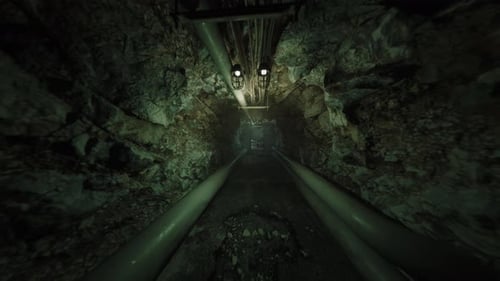 Dimly Illuminated Subterranean Pipe Tunnel with Rust and Water Leaks