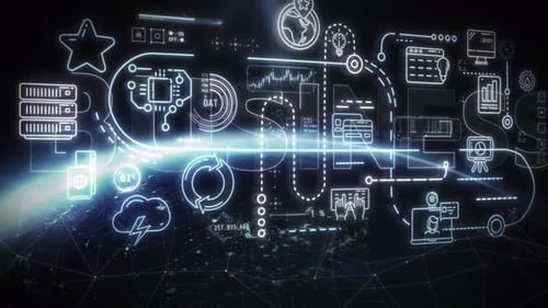 Futuristic Digital Interface with Animated Data and Technology Icons