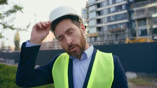 Tired Exhausted Builder Caucasian Middleaged Inspector Real Estate Developer Investor Man Architect