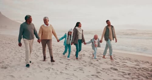 Holding hands, big family and beach walk in nature for freedom, travel and bonding in fresh air