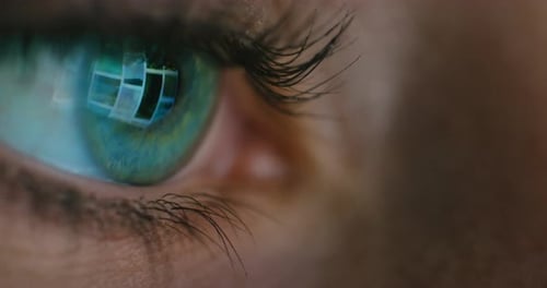 Olho, pesquisa e computador monitoram a reflexão da luz na mulher: globo ocular, visão
