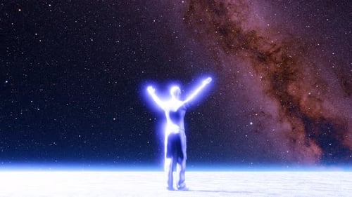 Glowing man in front of the starry milky way galaxy sky with open arms