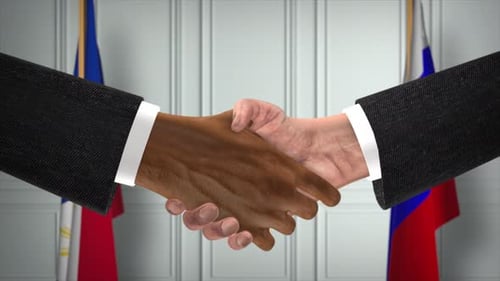 Animated Corporate Handshake with International Flags Symbolizing Partnership