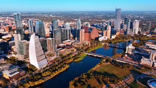 Bright sun lights the downtown of Austin, Texas, USA.