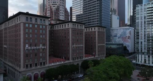 Skyscrapers of Los Angeles Downtown Fly LA By Drone Top Aerial View Los Angeles CA USA June 1 2022