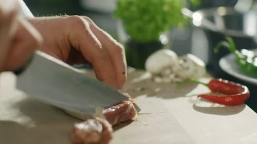 Chef Cutting Raw Meat in Kitchen