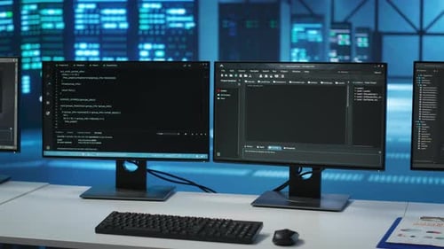 Lines of Code Running on Computer Screens in Data Center