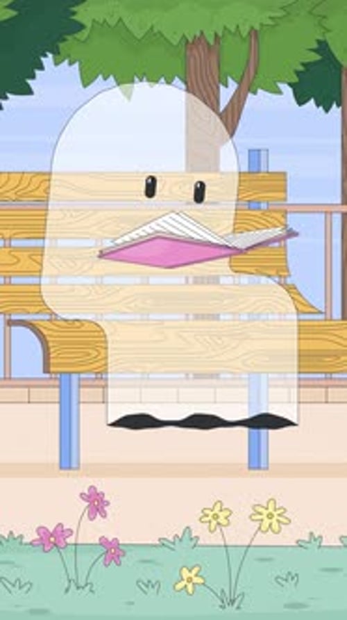 Whimsical ghost reading on park bench peacefully lofi vertical animation