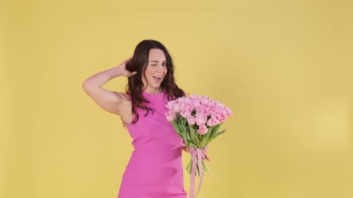Woman Posing With Pink Tulips