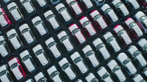 Aerial Top Down View of New Cars Parked in Car Parking Lot Car Dealer Parking Lot Full of New