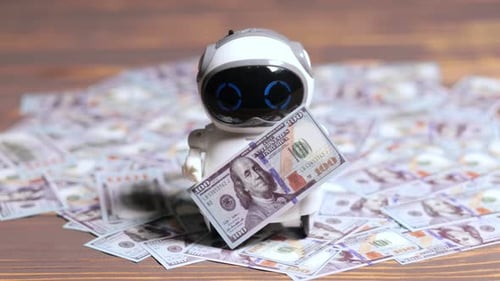 Robotik, Online-Handel, Viel Geld, Roboter mit Dollar