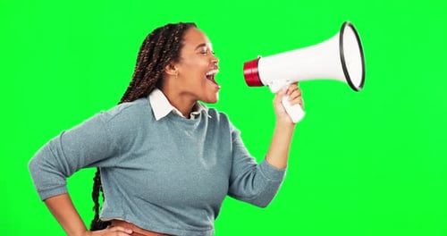 Protest, scream and female with a megaphone by green screen for human rights, justice or change