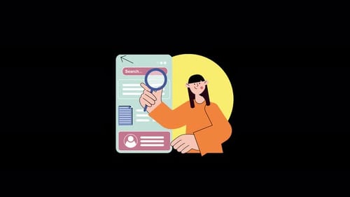 Illustration of a woman searching online with a magnifying glass