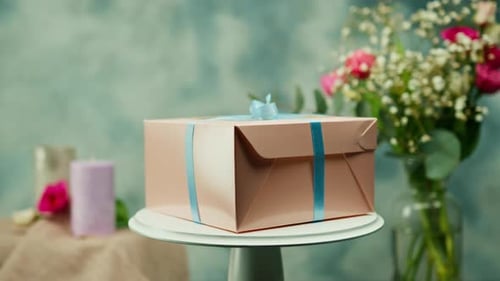 packed delicious cake in a gift box with a bow rotates on a stand on a background of flowers
